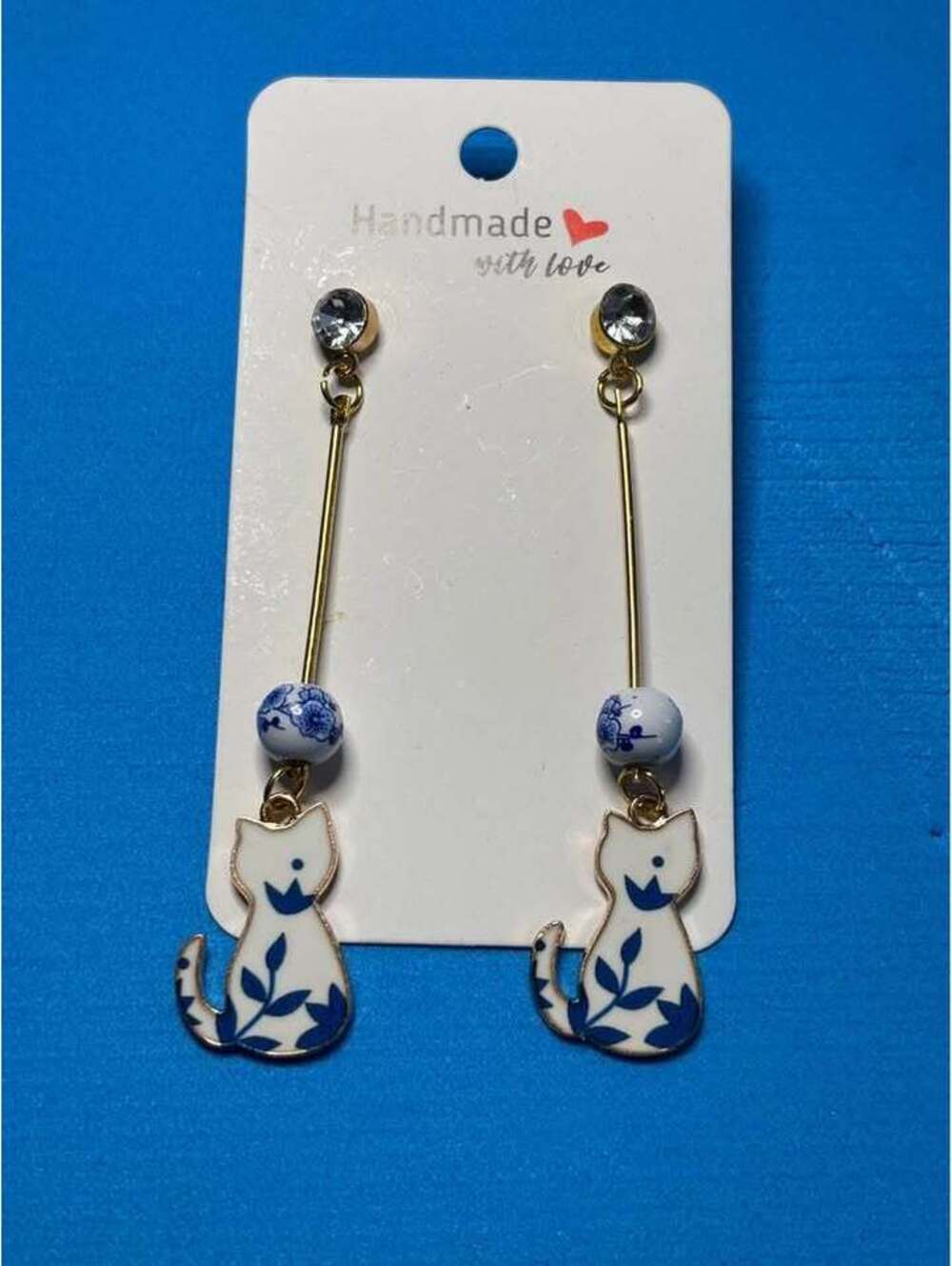 Handmade Blue and White Porcelain Style Cat Drop Earrings
